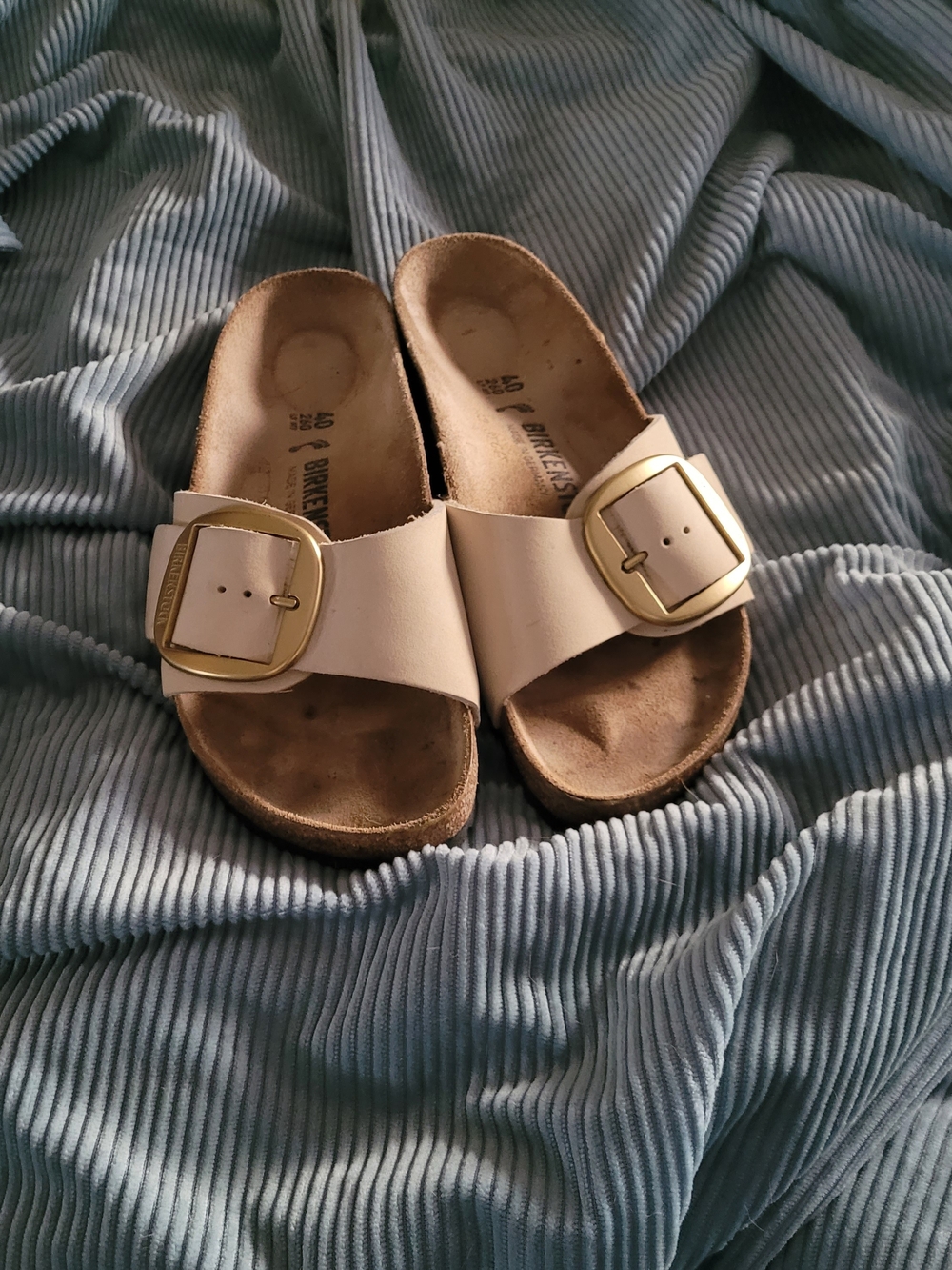 Birkenstock White Single Buckle Slide Sandals with Gold Buckle
